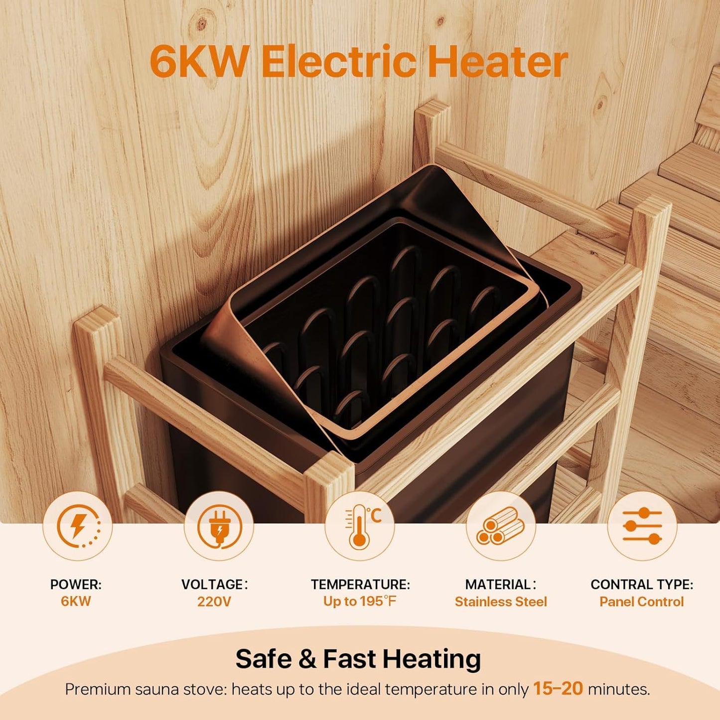 Outdoor Traditional Sauna, 4-6 Person Wooden Sauna, Steam Wet Wood Sauna with 220V with 6KW Heater, Sauna Stone, Thermometer