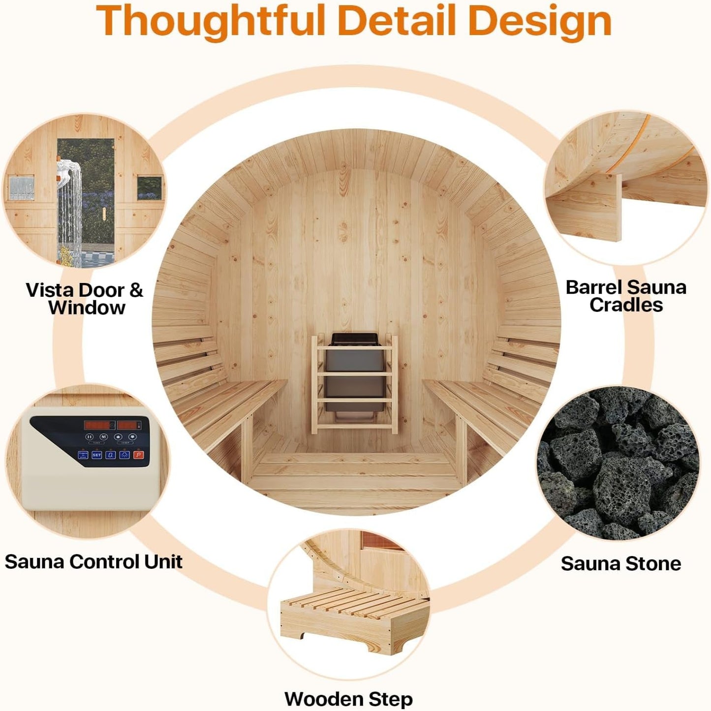 Outdoor Traditional Sauna, 4-6 Person Wooden Sauna, Steam Wet Wood Sauna with 220V with 6KW Heater, Sauna Stone, Thermometer